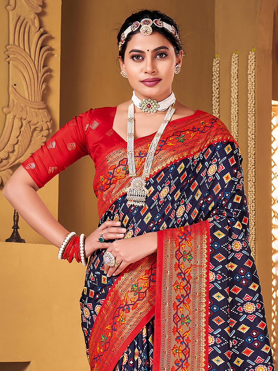 Silk Blend Navy Blue Woven Design Designer Saree With Blouse