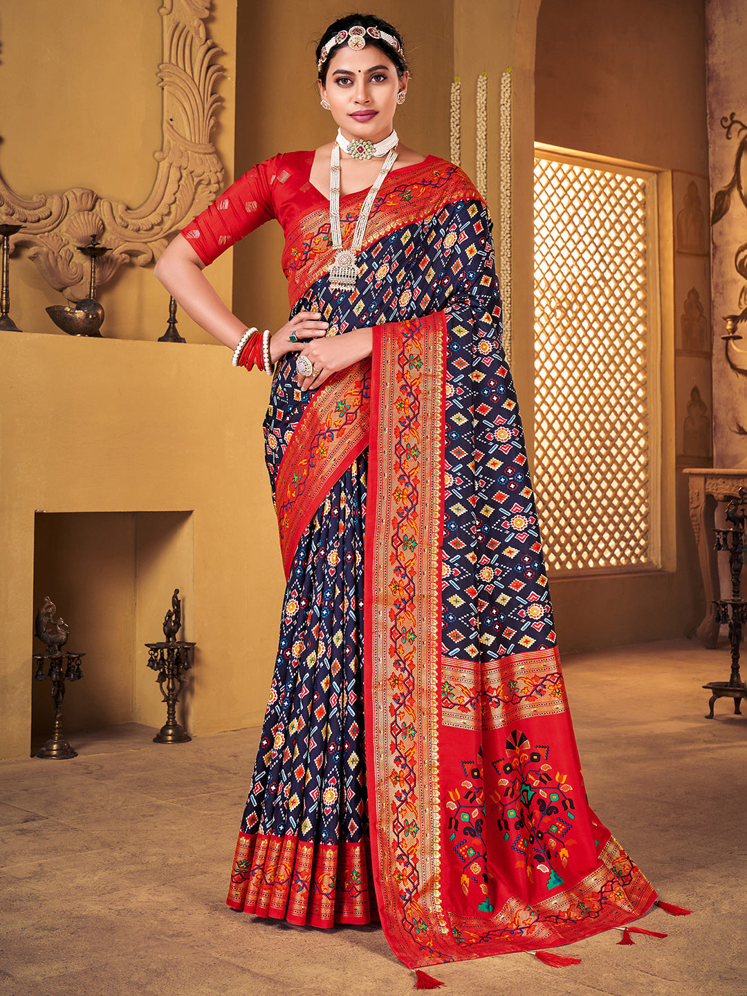 Silk Blend Navy Blue Woven Design Designer Saree With Blouse
