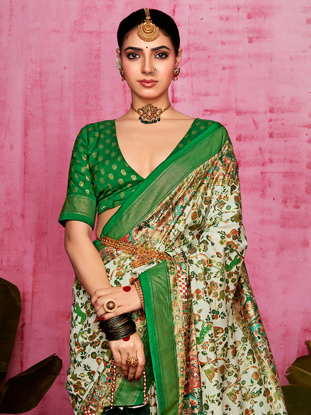 Tussar Silk Cream Printed Designer Saree With Blouse