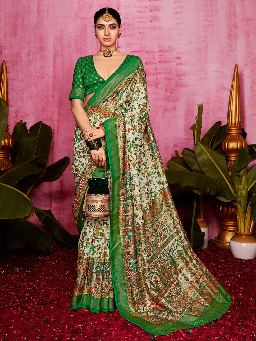 Tussar Silk Cream Printed Designer Saree With Blouse