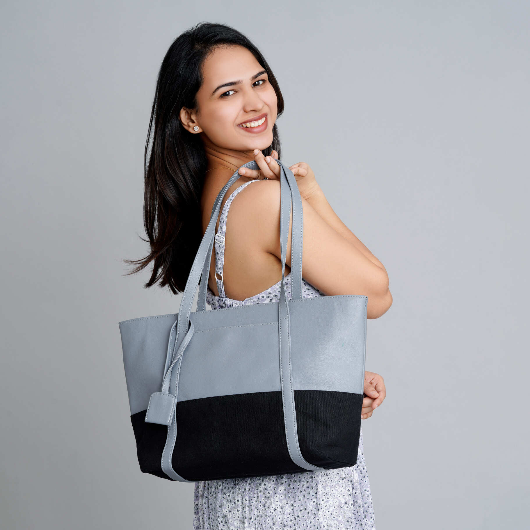 Light Blue Light Weight Faux Leather Tote Bag For Women
