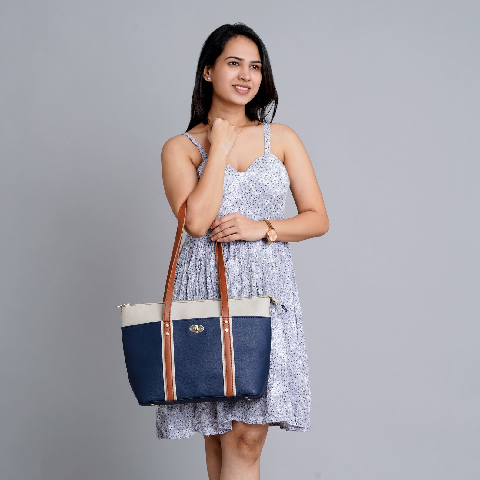 Dark Blue Light Weight Faux Leather Tote Bag For Women