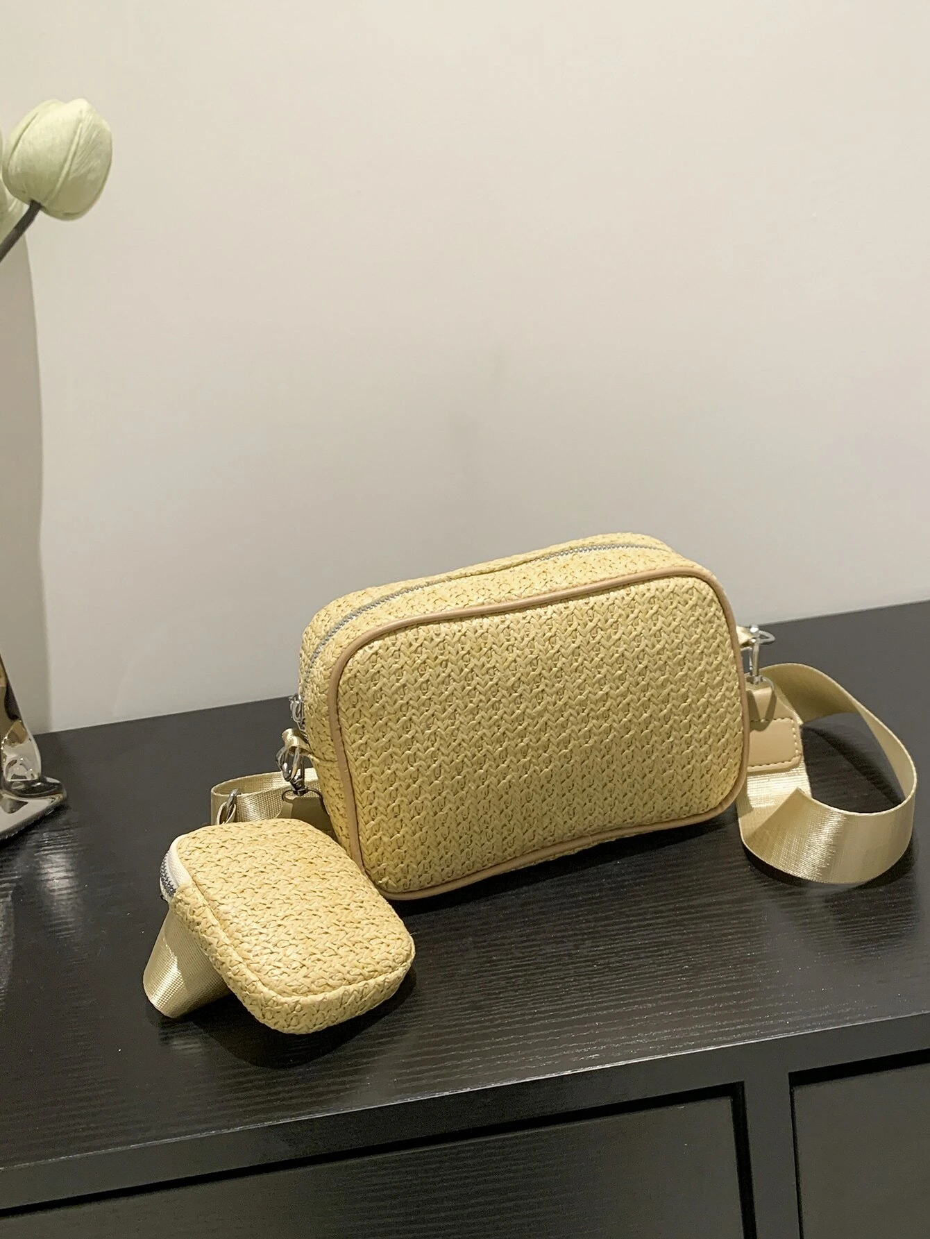 Gold Sling Crossbody Bag In Jute Material