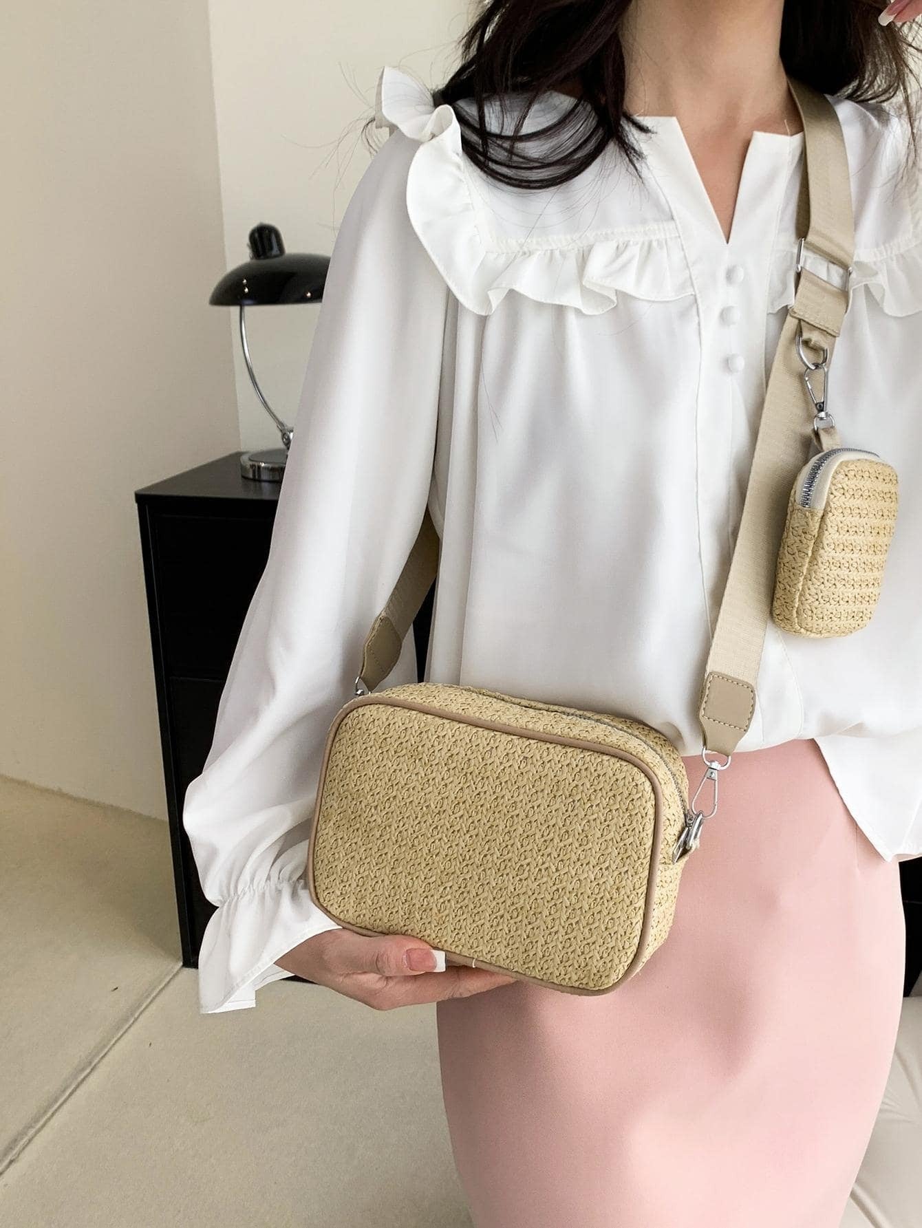 Gold Sling Crossbody Bag In Jute Material