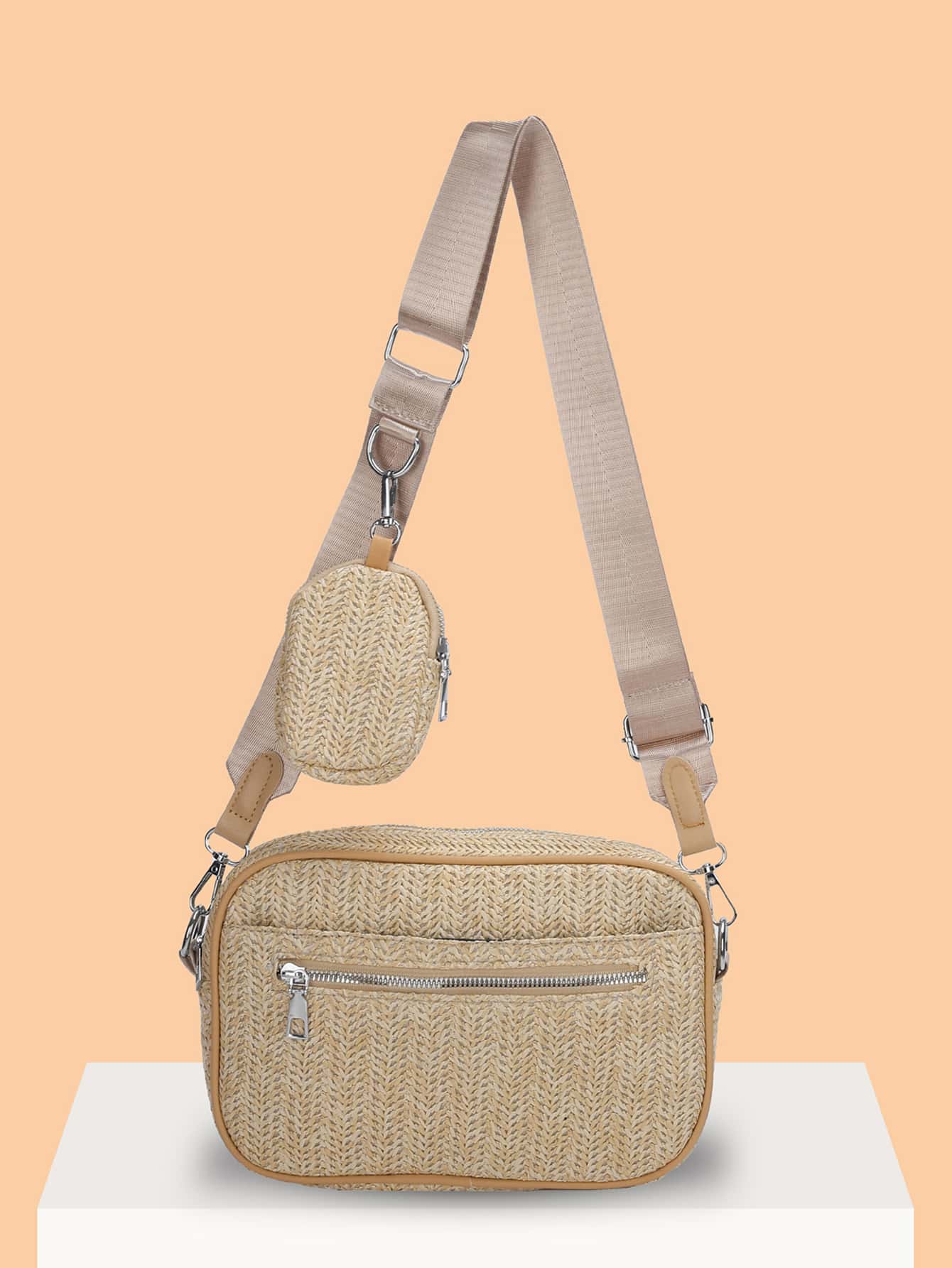 Gold Sling Crossbody Bag In Jute Material
