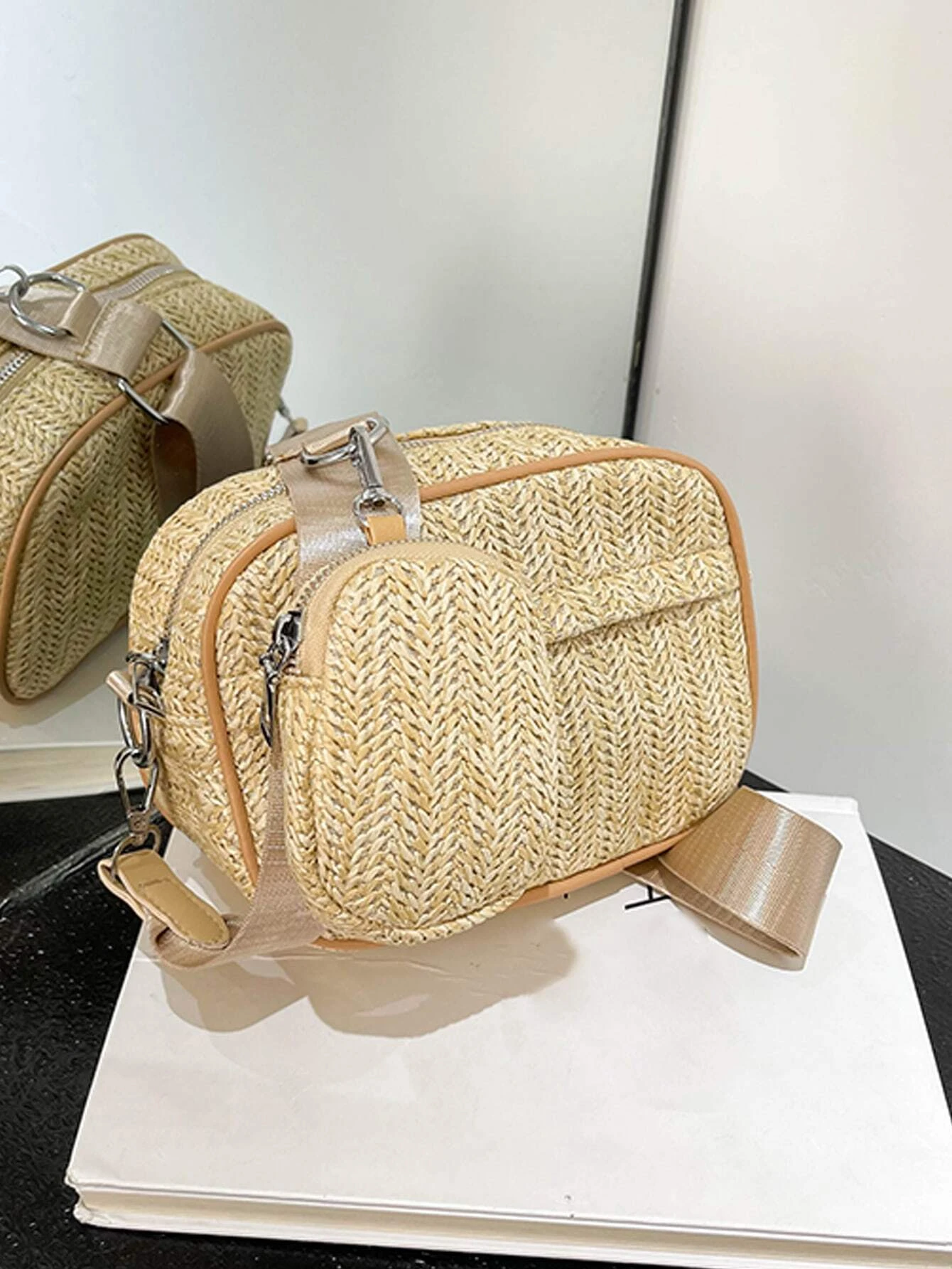 Gold Sling Crossbody Bag In Jute Material