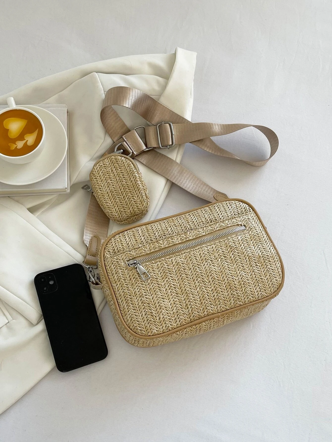 Gold Sling Crossbody Bag In Jute Material