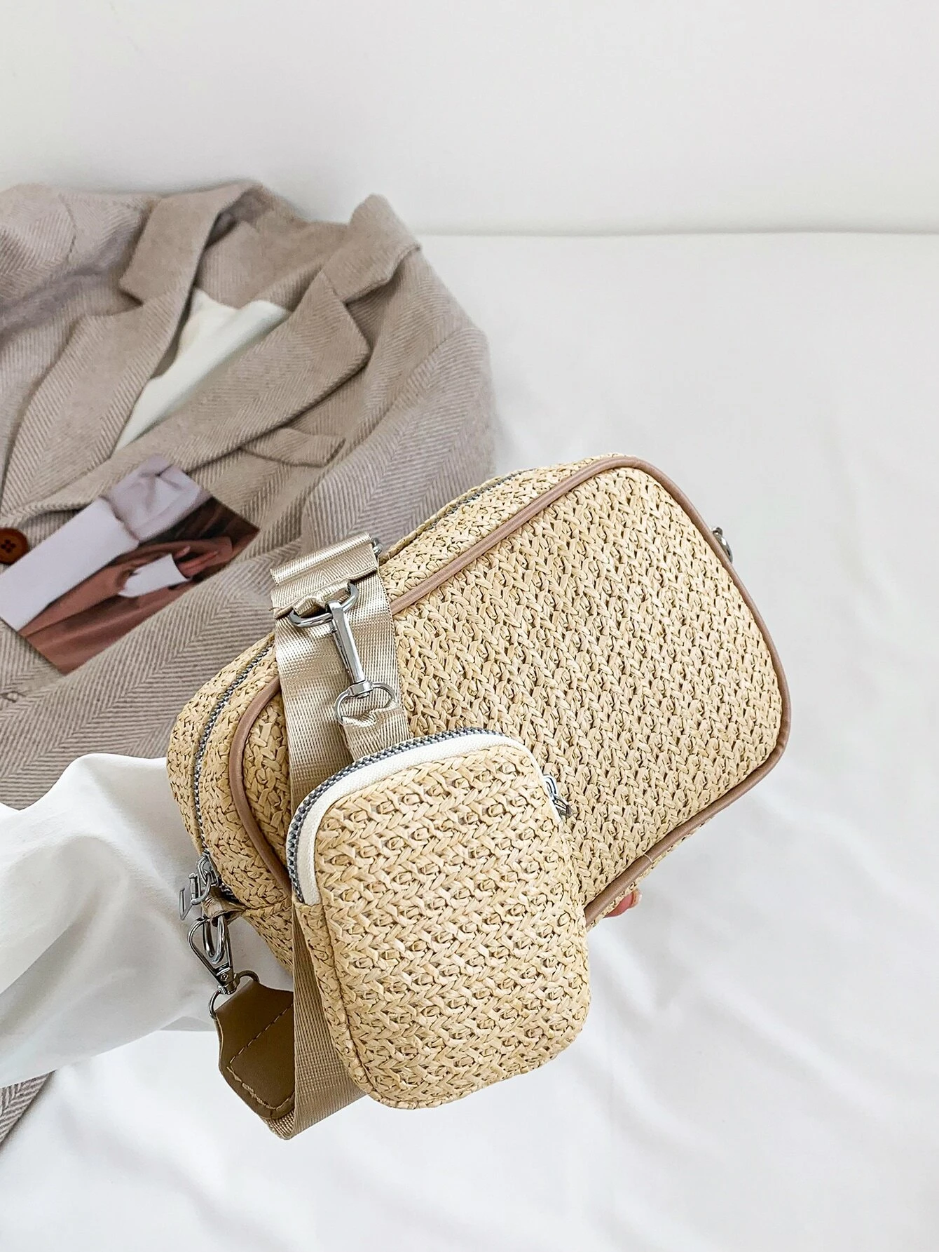 Gold Sling Crossbody Bag In Jute Material