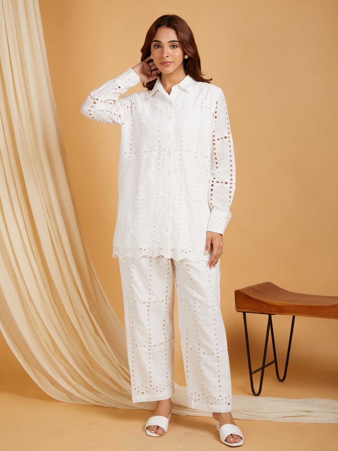 All Over Large Schiffli Co-ord Set White