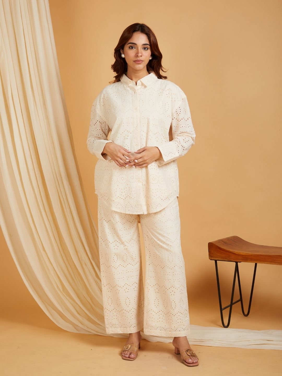 All Over Schiffli Embroidered Cotton Co-ord Set Cream