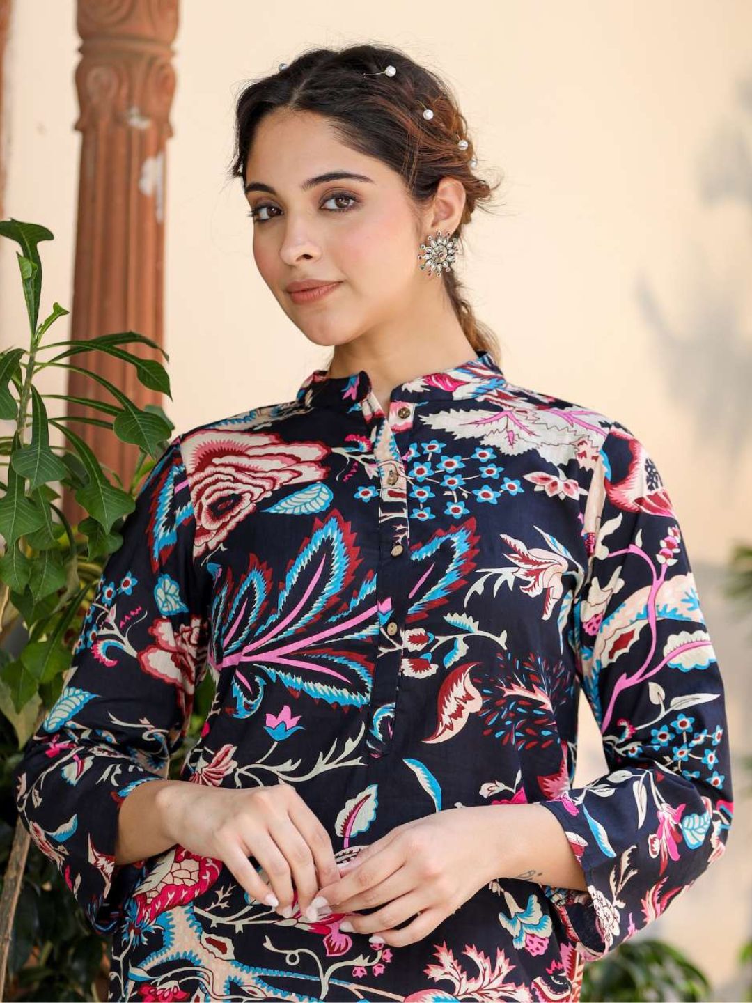 Floral Print Kurta Set Navy Blue