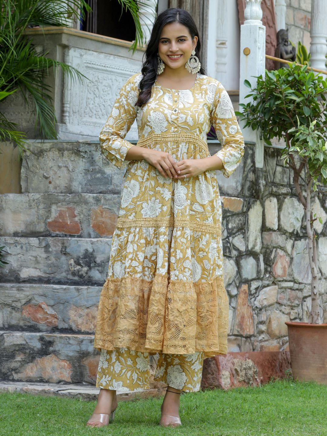 Layered Schiffli Kurta Set With Dupatta Yellow