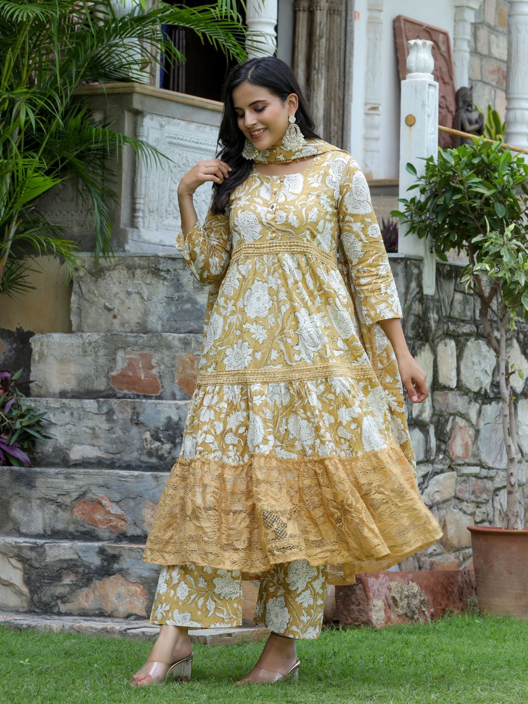 Layered Schiffli Kurta Set With Dupatta Yellow