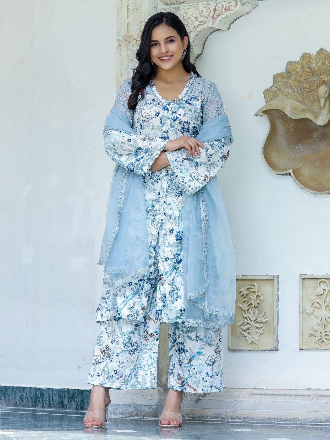 Blossom schiffli Kurta Set With Dupatta Blue