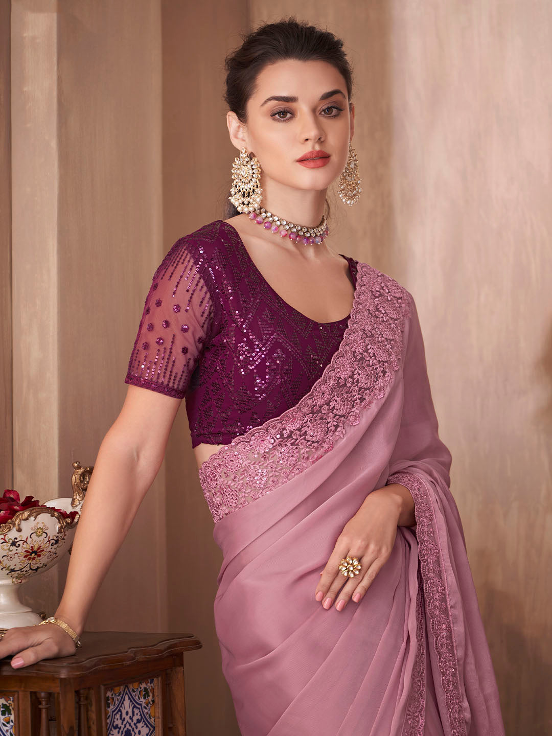 Silk Blend Mauve Embellished Designer Saree With Blouse