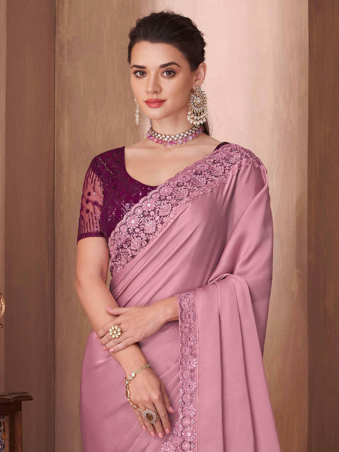 Silk Blend Mauve Embellished Designer Saree With Blouse