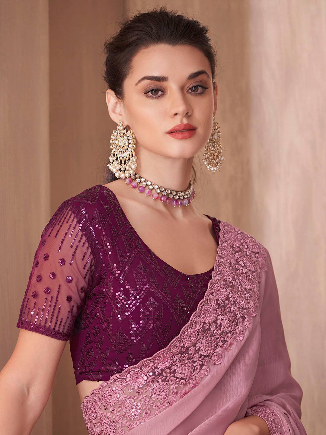 Silk Blend Mauve Embellished Designer Saree With Blouse