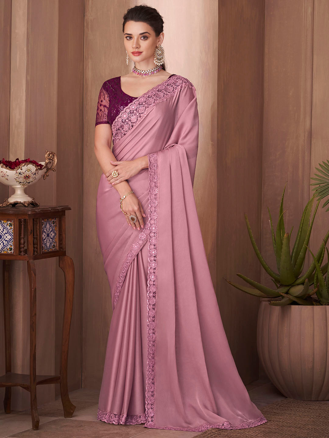 Silk Blend Mauve Embellished Designer Saree With Blouse