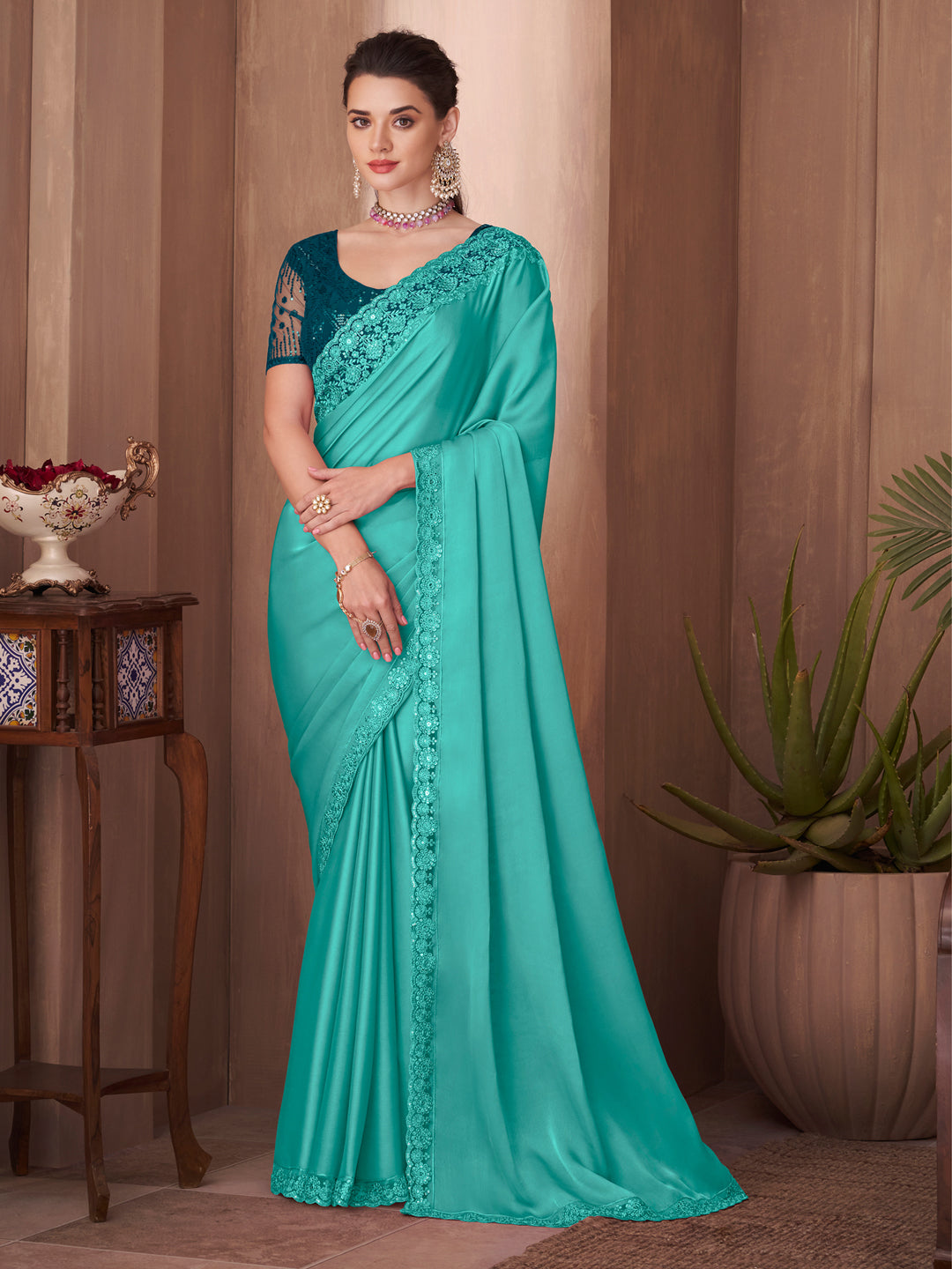 Silk Blend Blue Embellished Designer Saree With Blouse