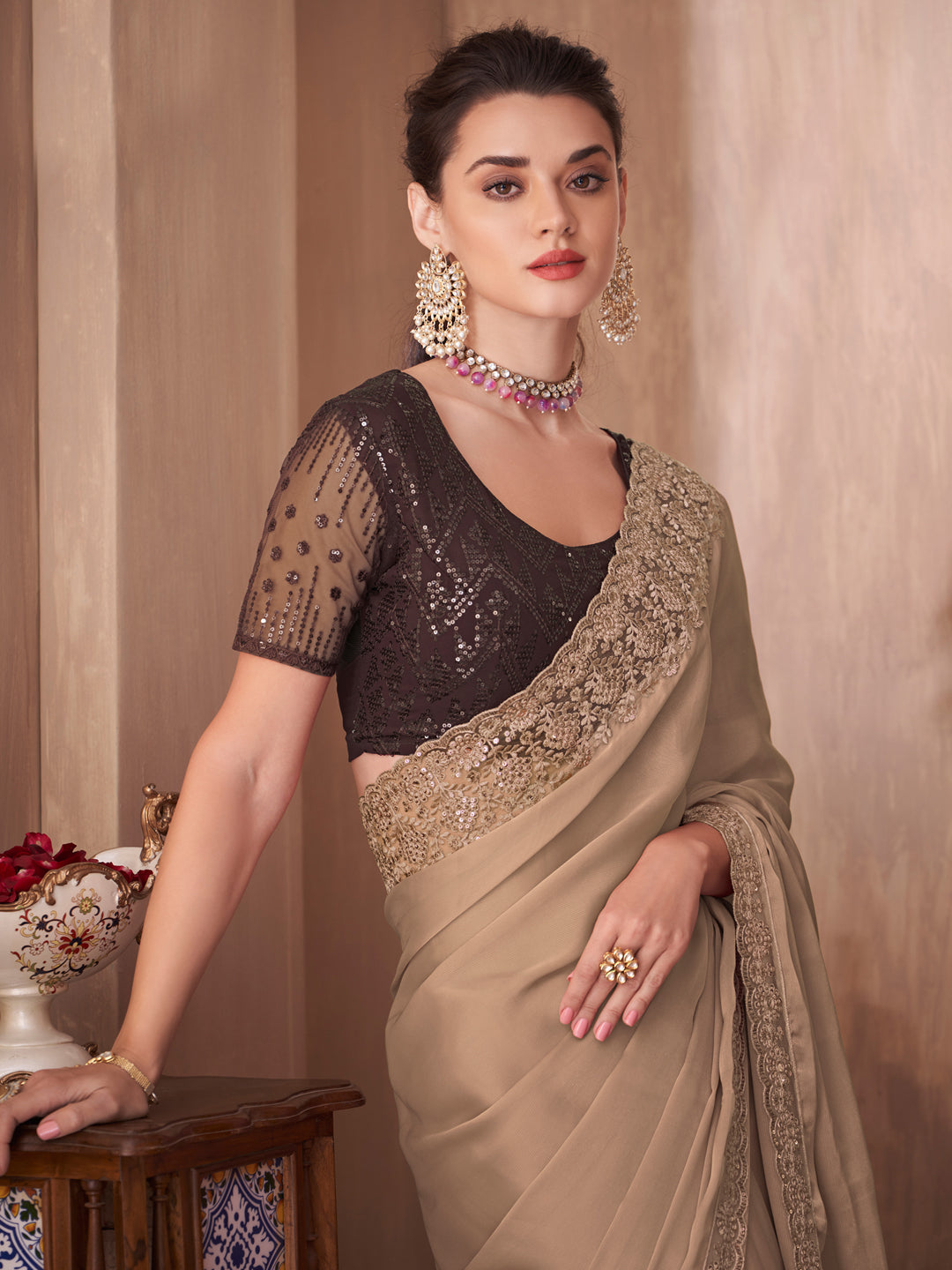 Silk Blend Beige Embellished Designer Saree With Blouse