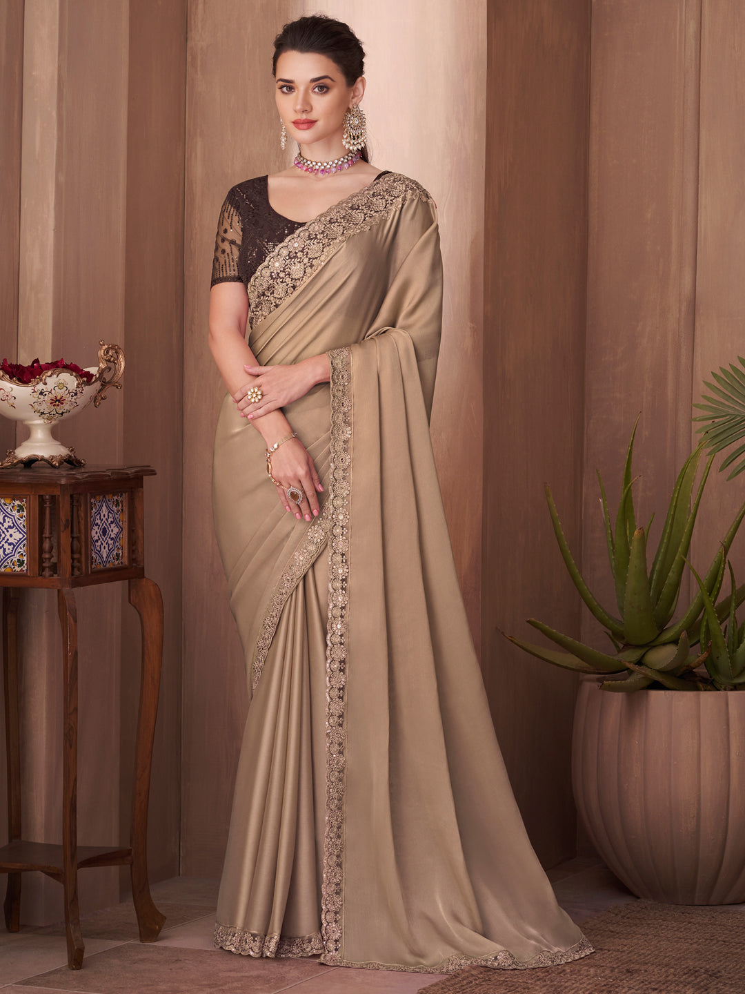 Silk Blend Beige Embellished Designer Saree With Blouse