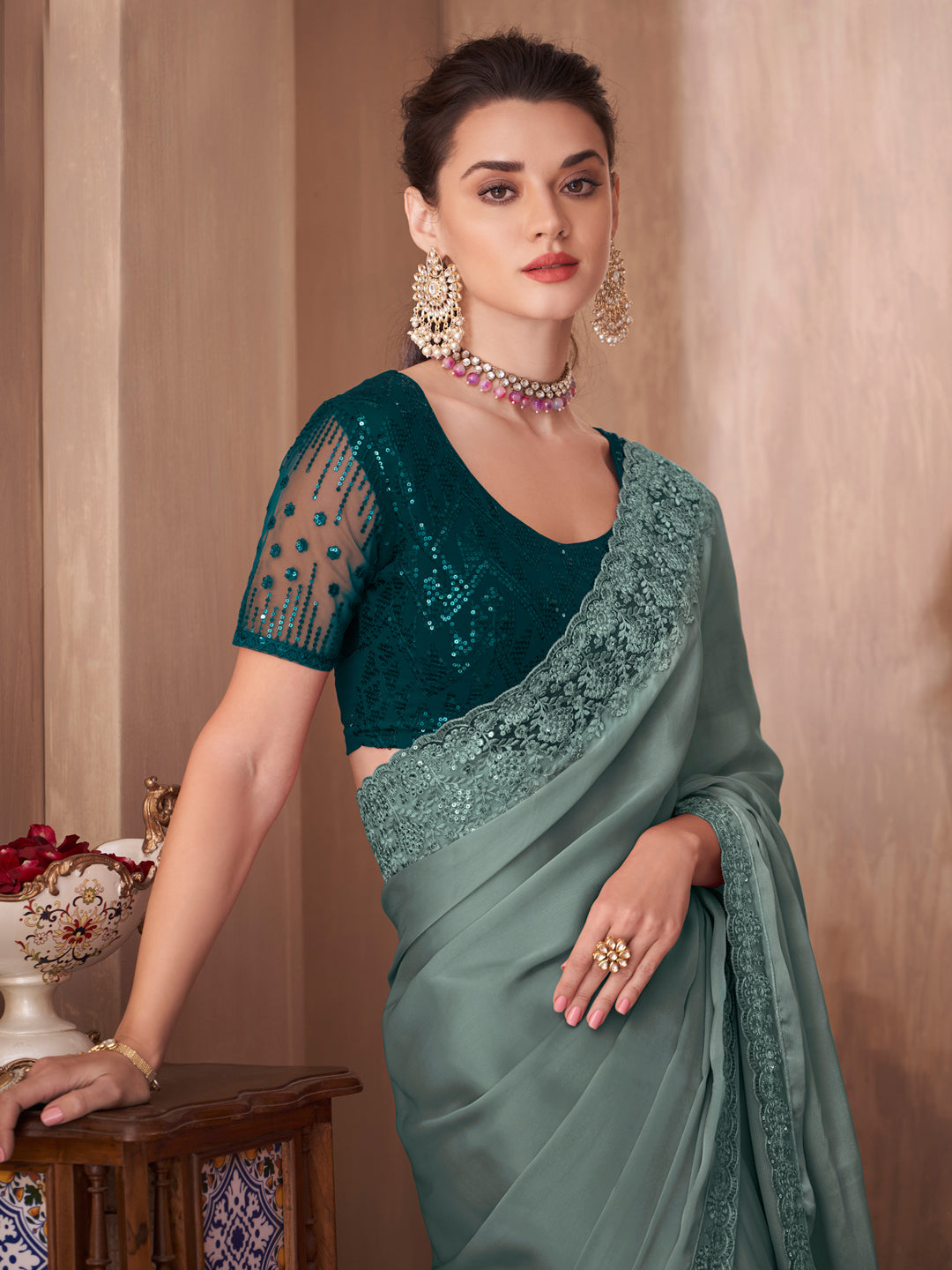 Silk Blend Sea Green Embellished Designer Saree With Blouse