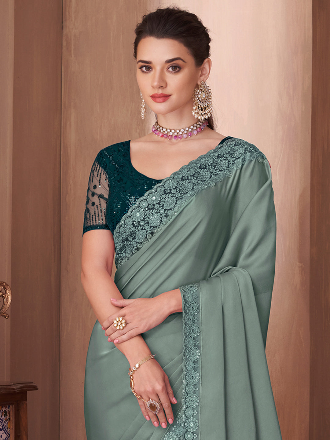 Silk Blend Sea Green Embellished Designer Saree With Blouse
