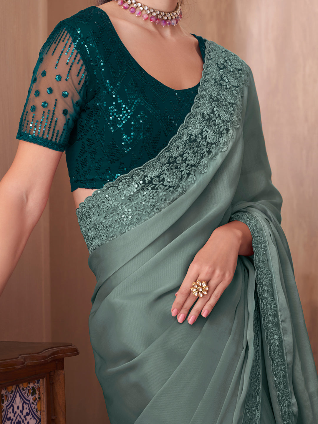 Silk Blend Sea Green Embellished Designer Saree With Blouse