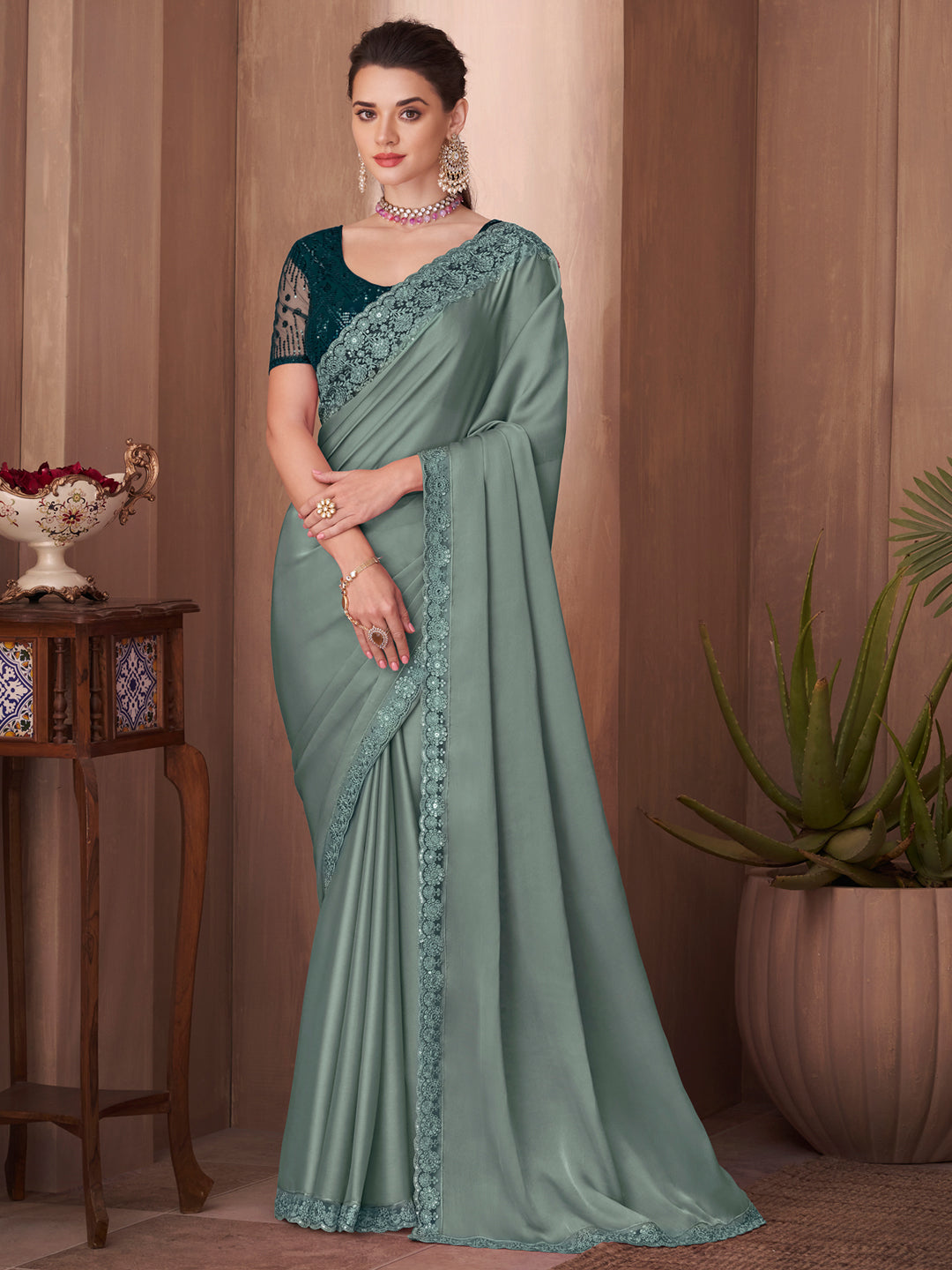 Silk Blend Sea Green Embellished Designer Saree With Blouse