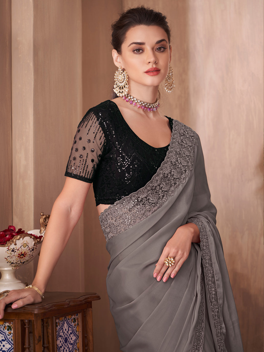 Silk Blend Grey Embellished Designer Saree With Blouse