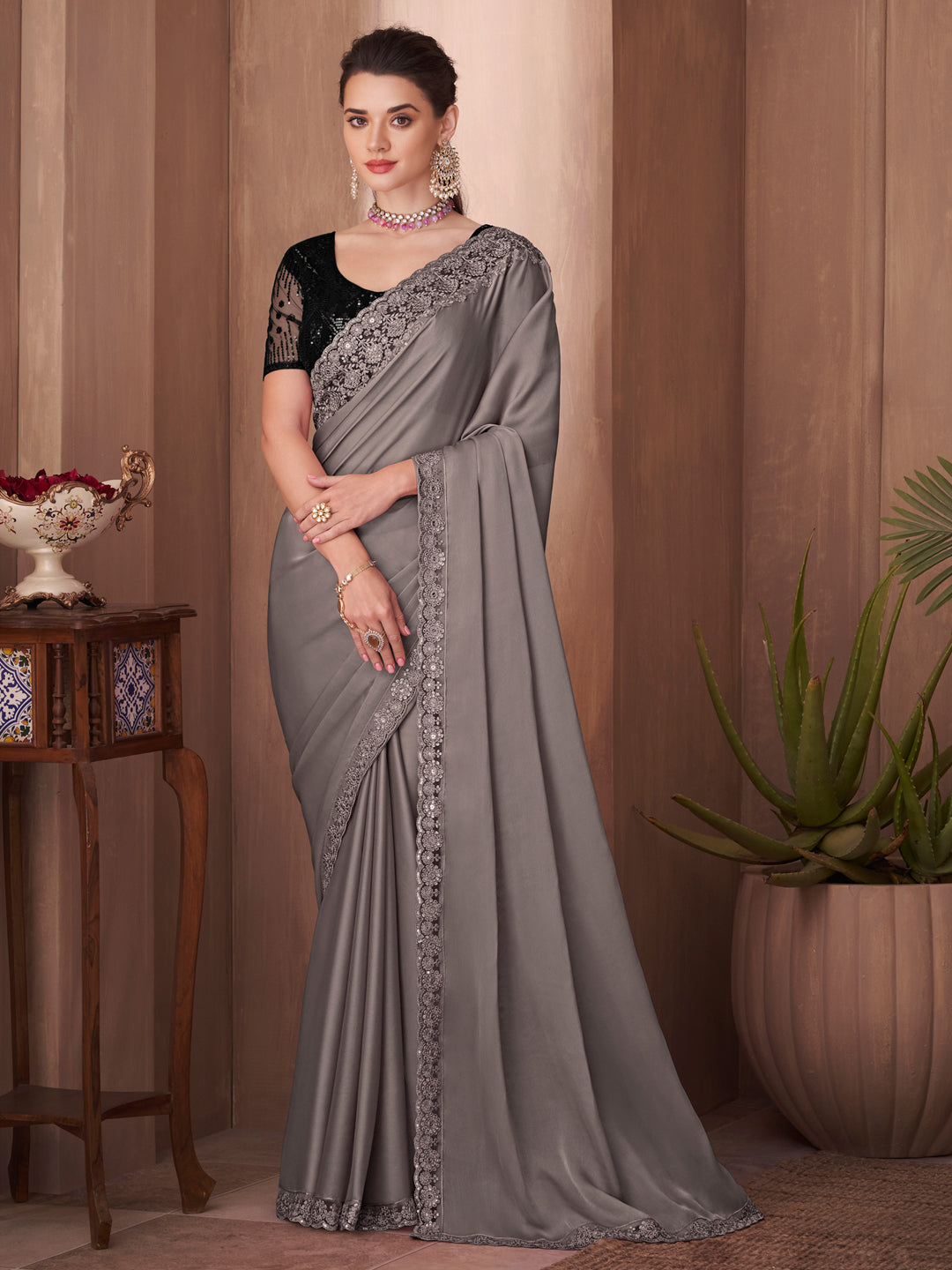 Silk Blend Grey Embellished Designer Saree With Blouse