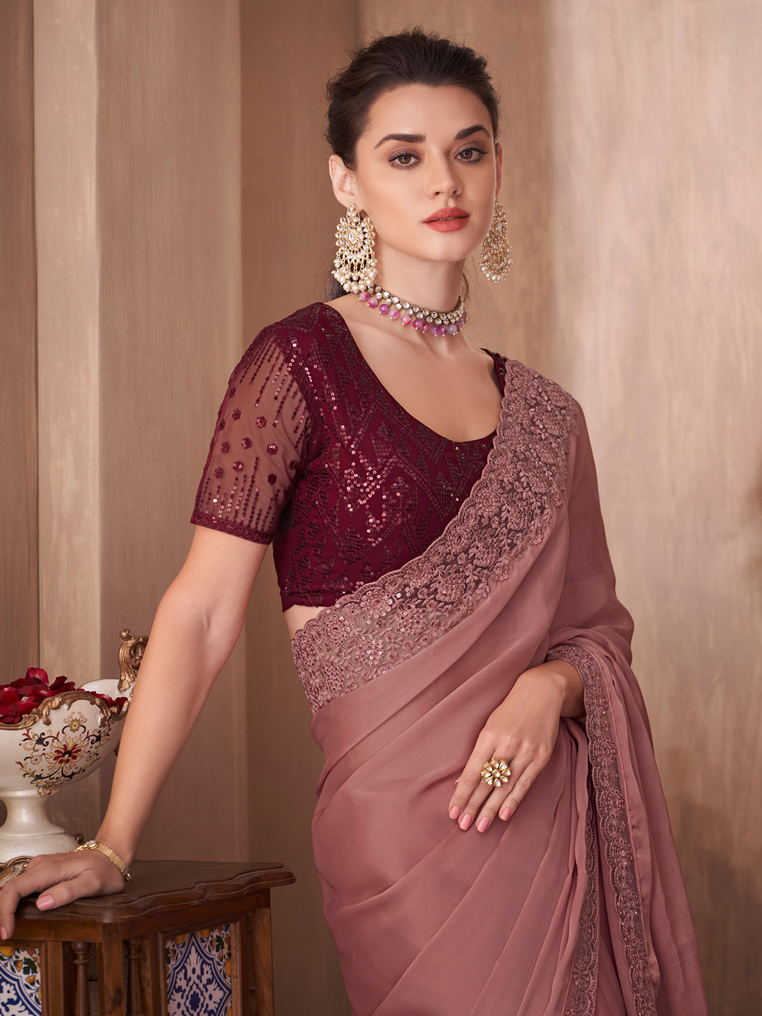 Silk Blend Mauve Embellished Designer Saree With Blouse