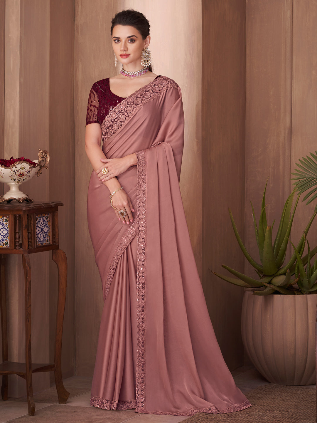 Silk Blend Mauve Embellished Designer Saree With Blouse