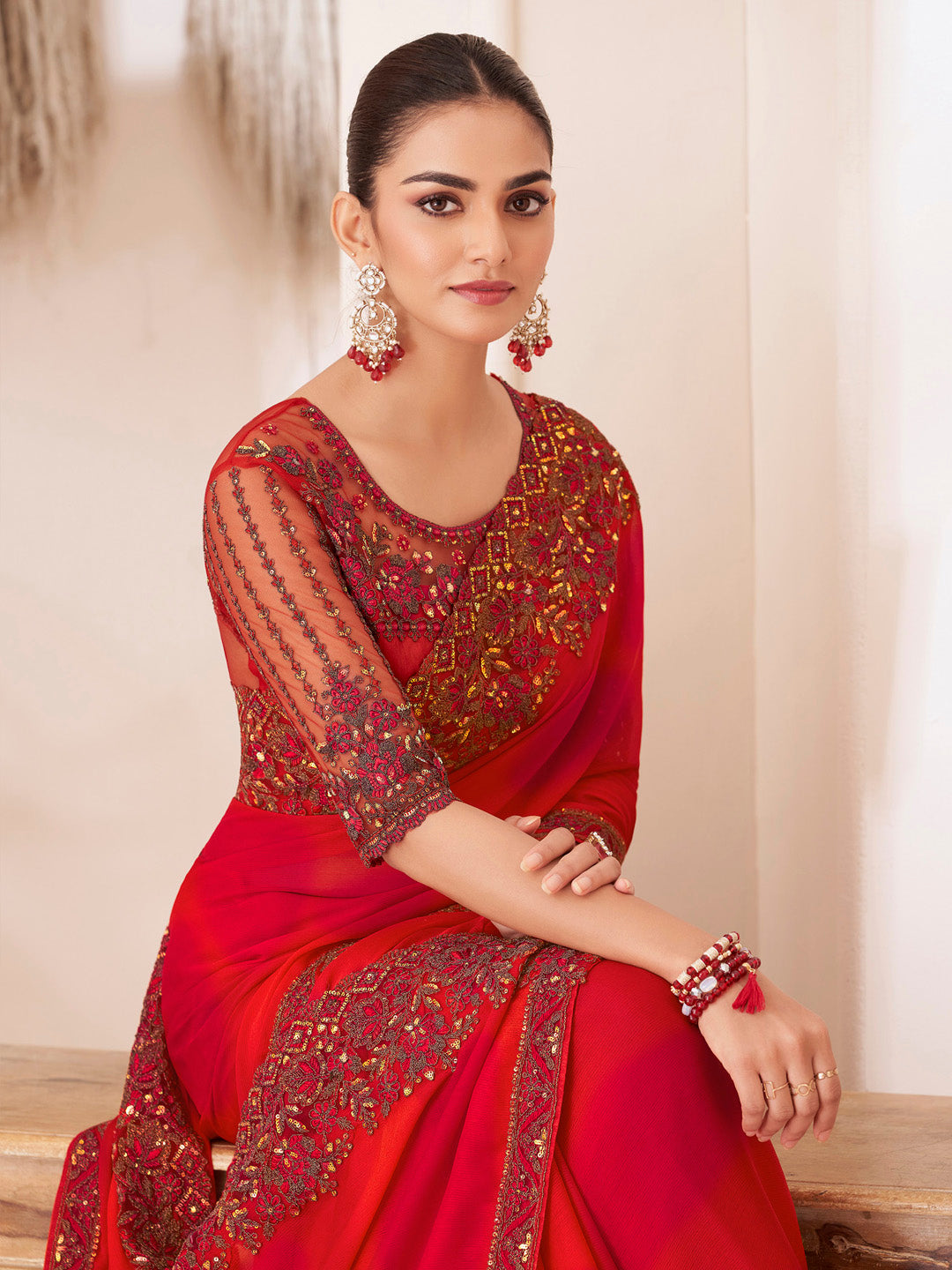 Pure Chiffon Red Embellished Designer Saree With Blouse