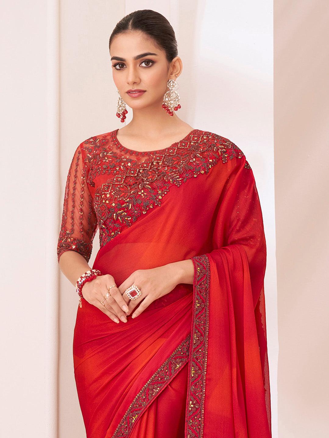 Pure Chiffon Red Embellished Designer Saree With Blouse