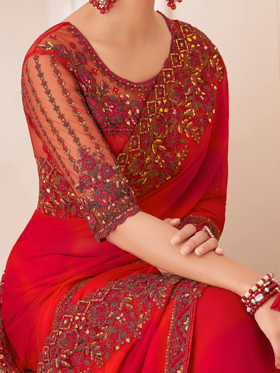 Pure Chiffon Red Embellished Designer Saree With Blouse