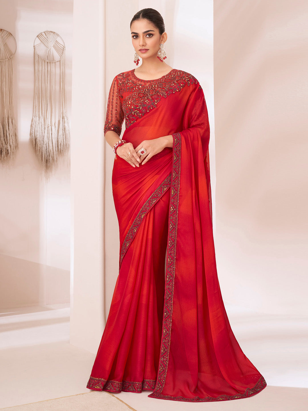 Pure Chiffon Red Embellished Designer Saree With Blouse