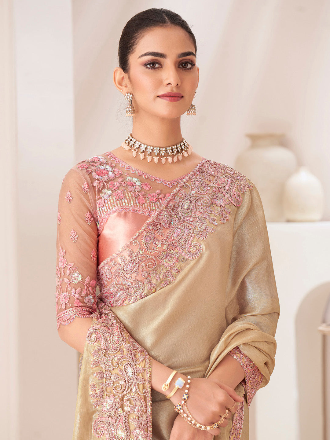 Pure Chiffon Peach Embellished Designer Saree With Blouse