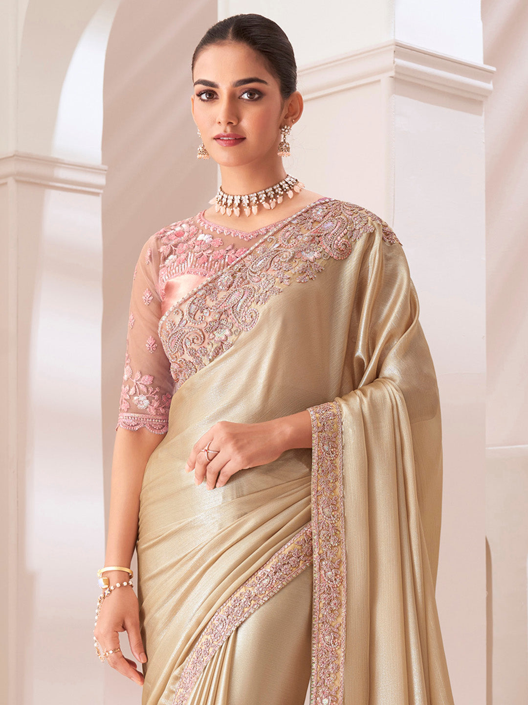 Pure Chiffon Peach Embellished Designer Saree With Blouse