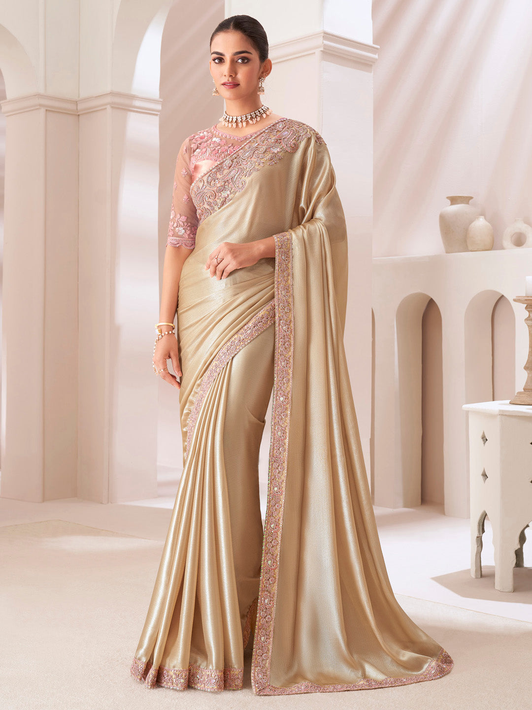 Pure Chiffon Peach Embellished Designer Saree With Blouse