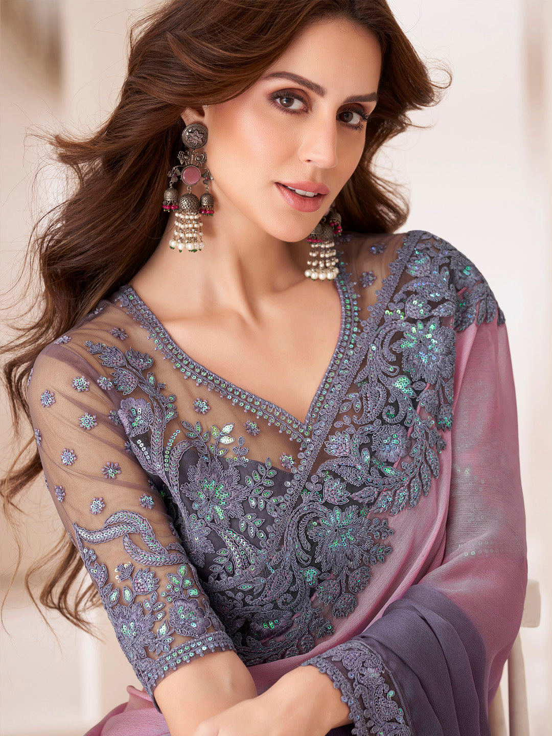 Pure Chiffon Violet Embellished Designer Saree With Blouse