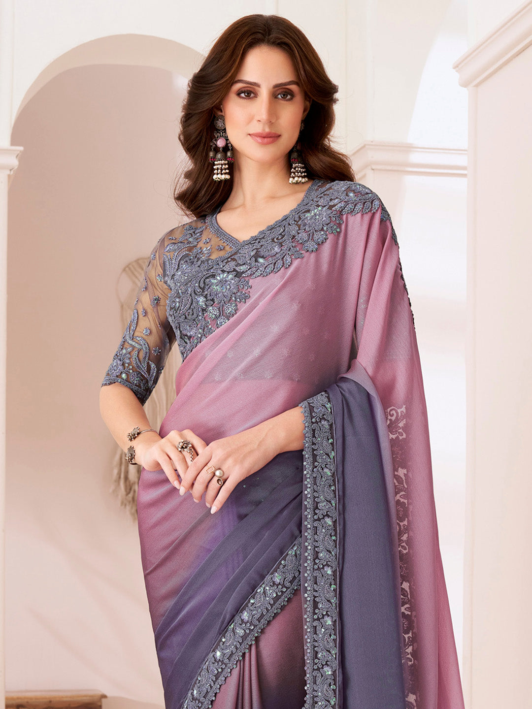 Pure Chiffon Violet Embellished Designer Saree With Blouse