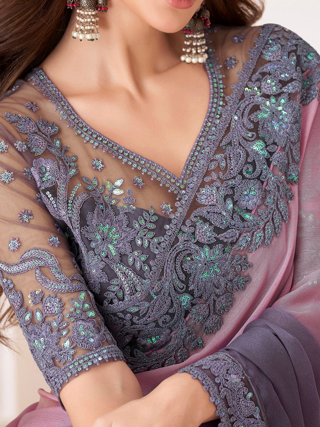 Pure Chiffon Violet Embellished Designer Saree With Blouse