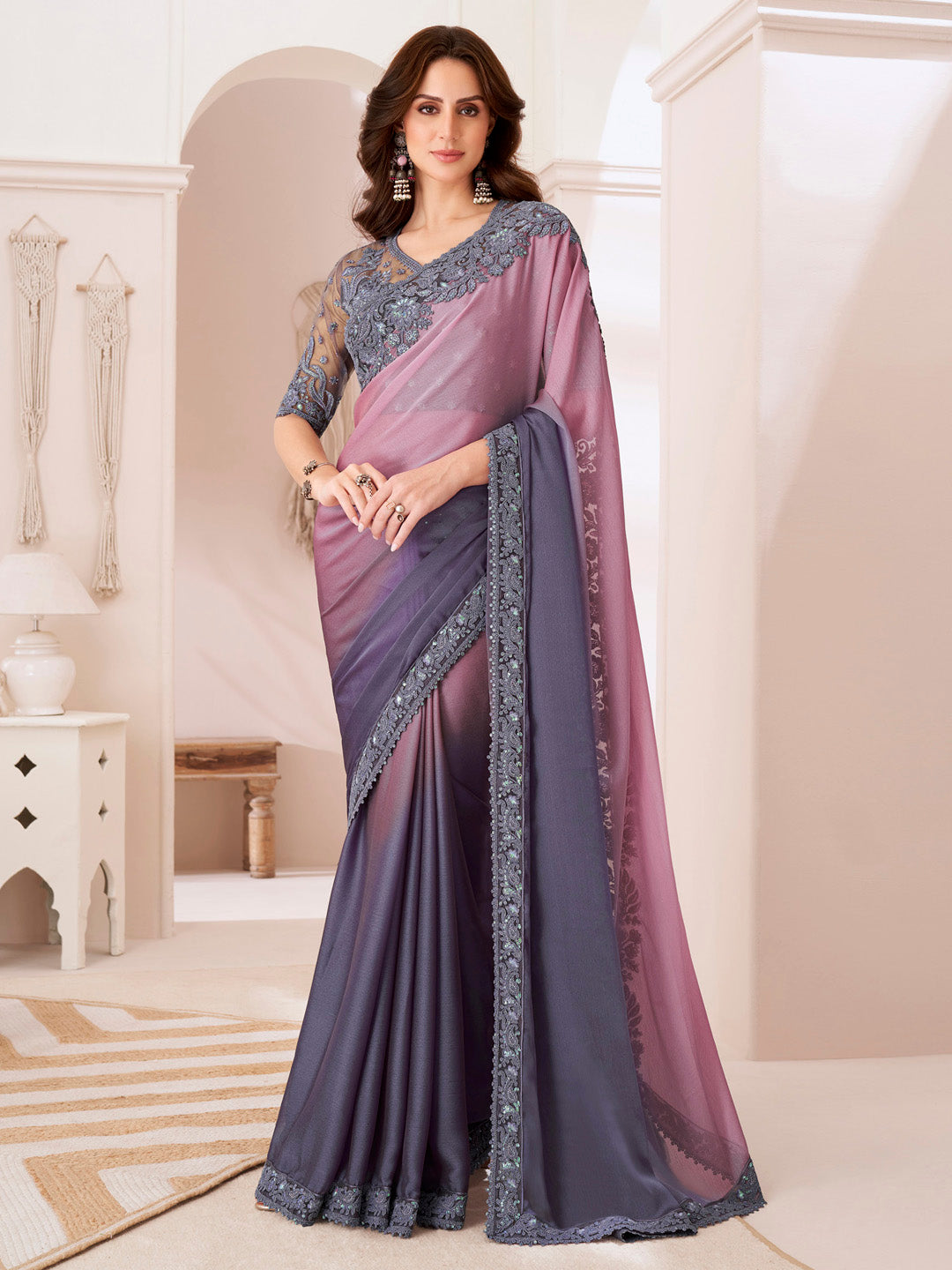 Pure Chiffon Violet Embellished Designer Saree With Blouse