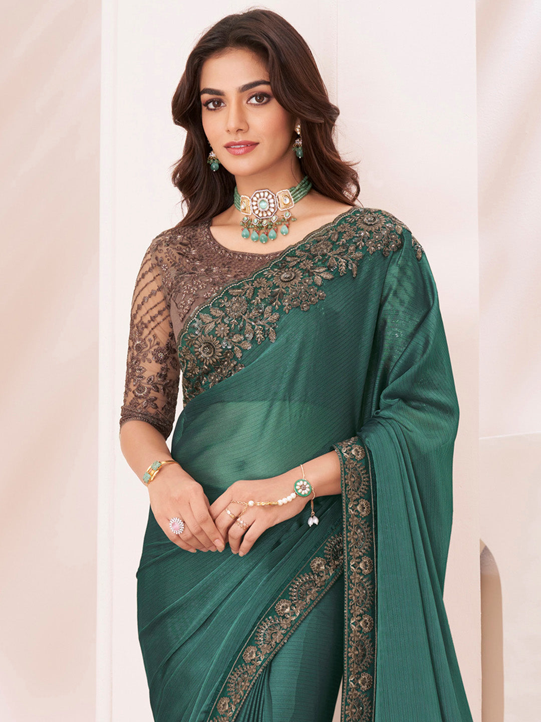 Pure Georgette Brown Embellished Designer Saree With Blouse