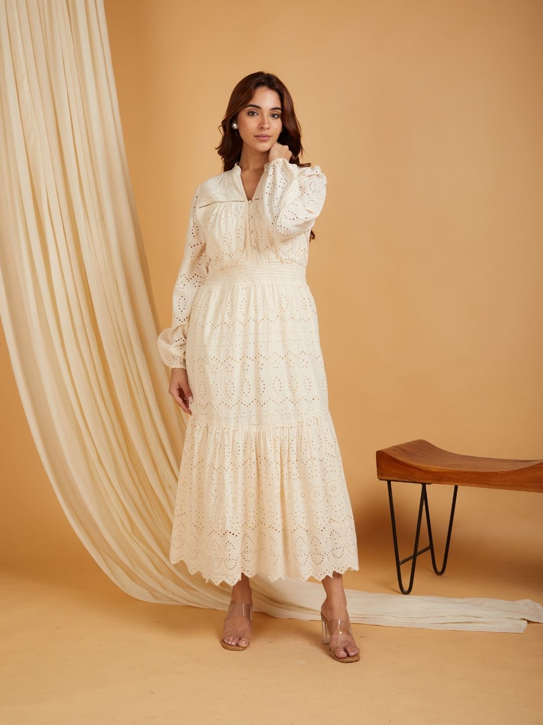 Classic Schiffli Cotton Dress Cream