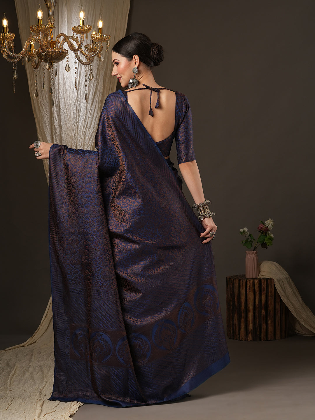 Silk Blend Navy Blue Woven Design Designer Saree With Blouse