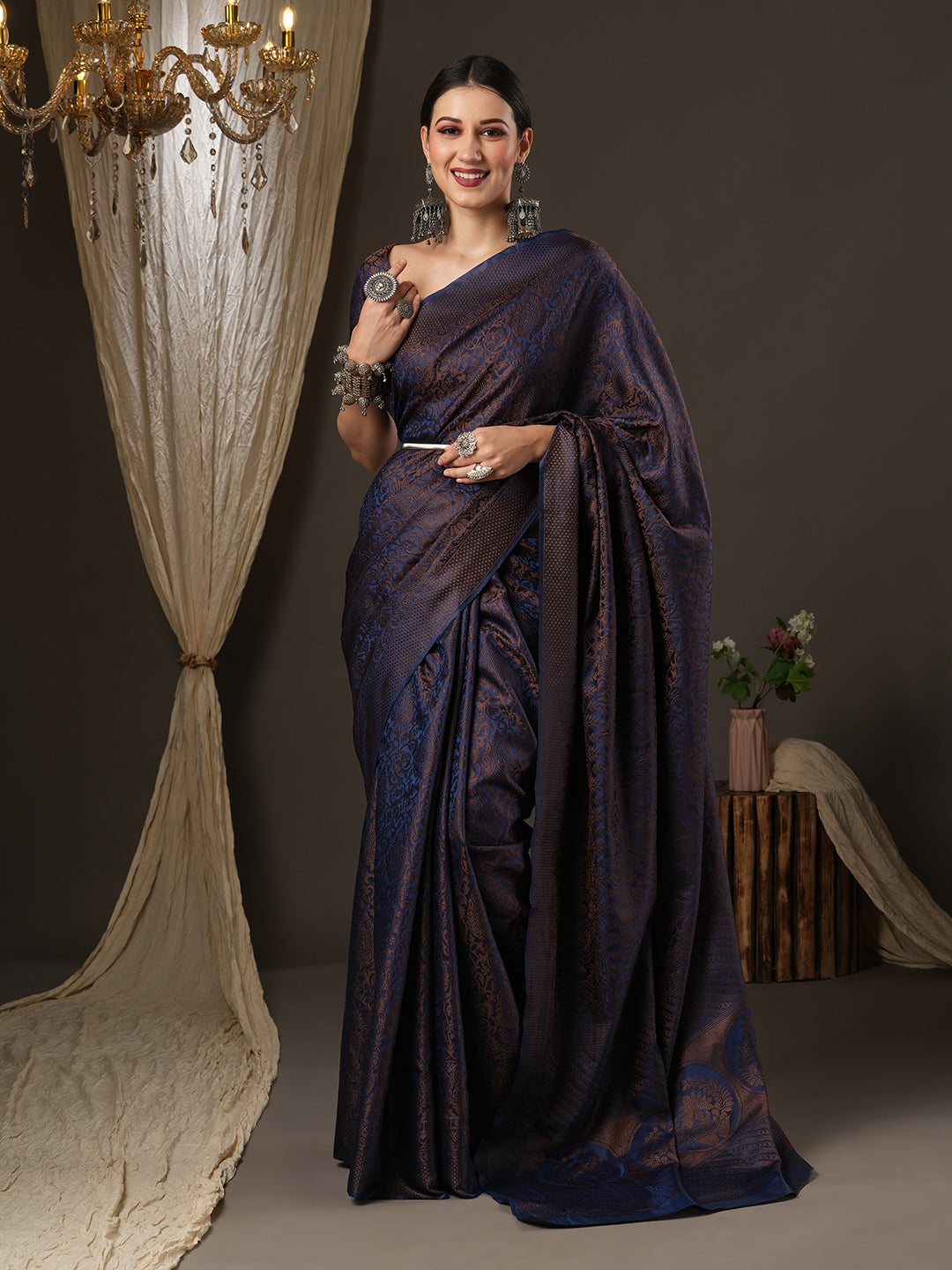 Silk Blend Navy Blue Woven Design Designer Saree With Blouse