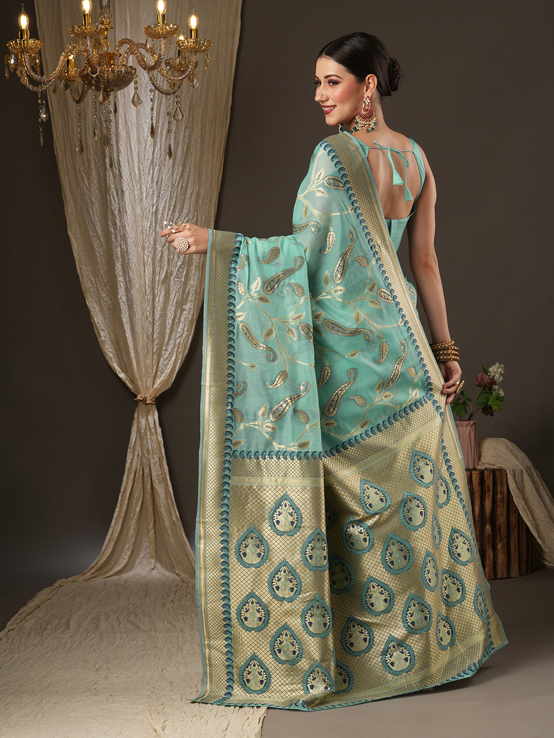 Cotton Blend Sea Green Woven Design Designer Saree With Blouse