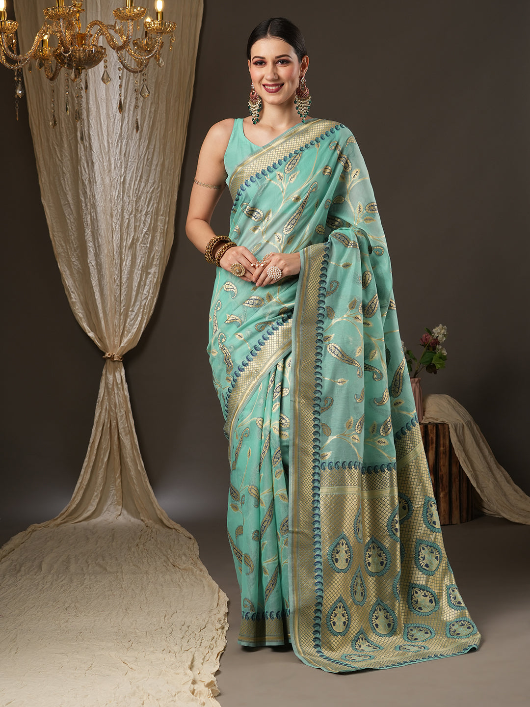 Cotton Blend Sea Green Woven Design Designer Saree With Blouse